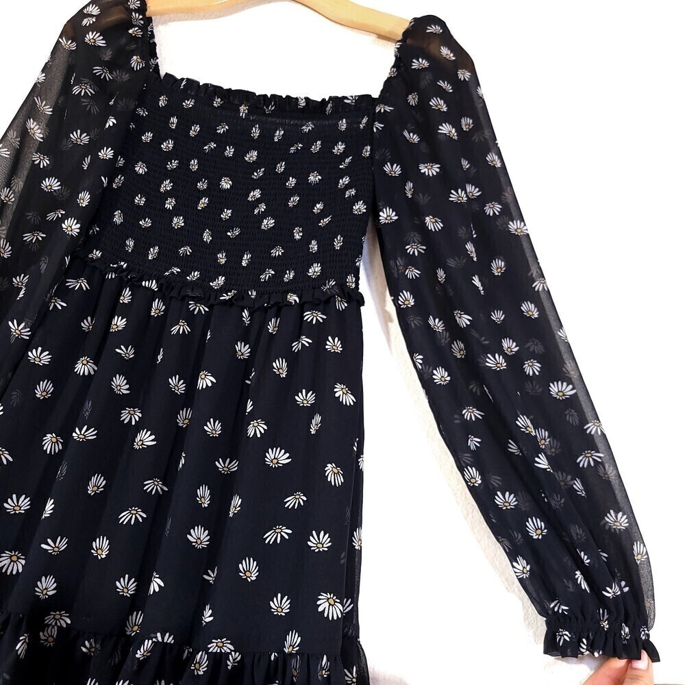 NEW Wilfred Laken Mini Dress Sheer Puff Sleeve Smocked in Black Daisy Floral XXS - Picture 3 of 13